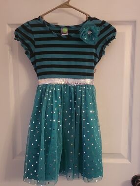 Dollie & Me Teal and Black Striped Party Dress with Sequin Waist Flower Accent
